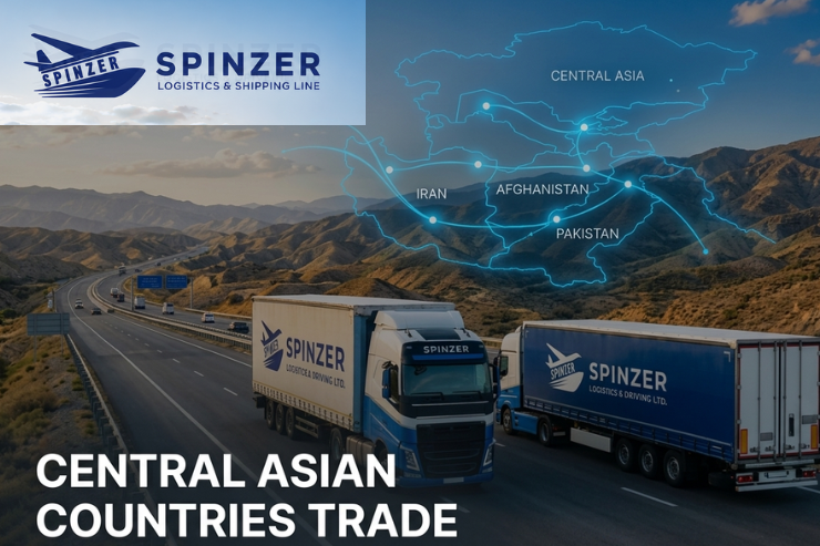 Spinzer Logistics trucks driving on a transit route map connecting Pakistan, Iran, Afghanistan, and Central Asia.